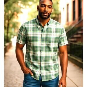 Weatherproof Vintage Men's Short Large Sleeve Shirt Washable Linen Green Plaid